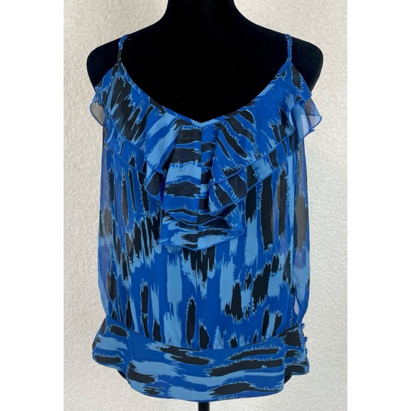 BCBGENERATION • Blue/Black Abstract Print Ruffle Trim V-Neck Tank Top - Picture 13 of 16